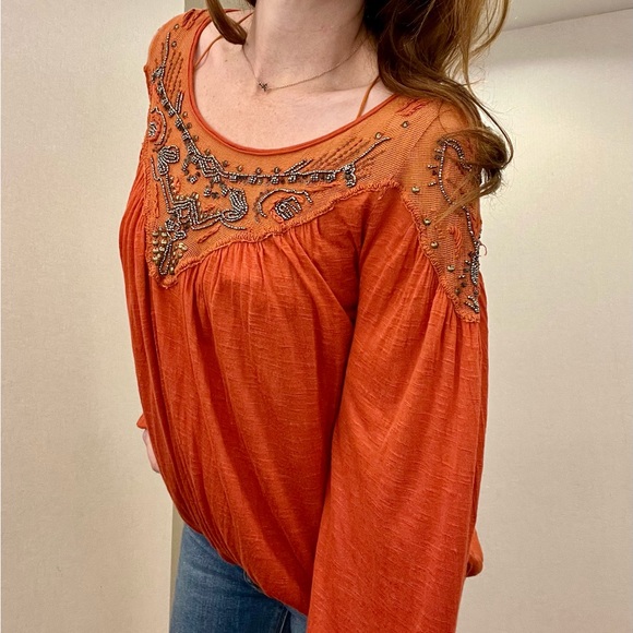Free People embroidered orange blouse Size S Boho style. - Picture 4 of 14